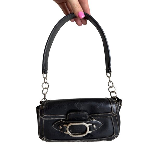 Y2K Vintage Mini Black Leather Shoulder Bag With Silver Buckle Closure - Picture 1 of 9